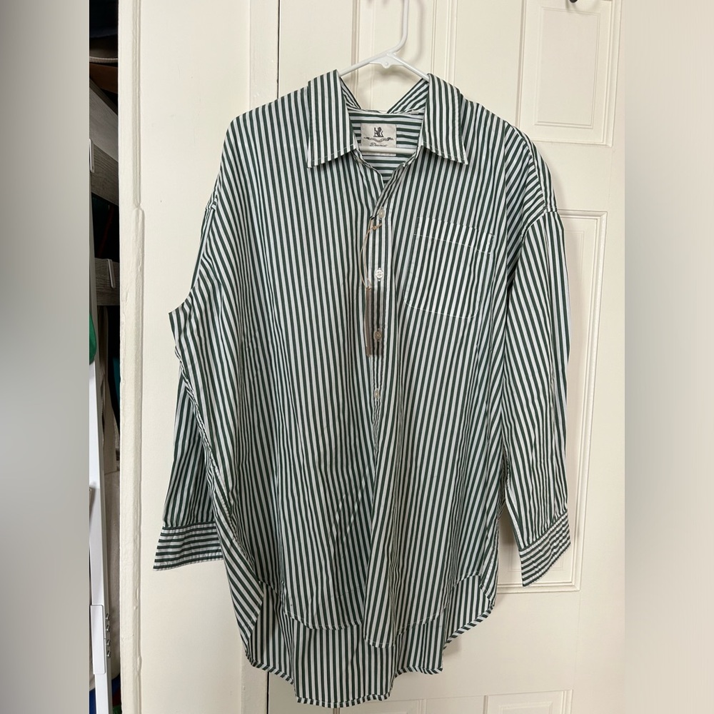NWT Denimist oversized green and white striped button down